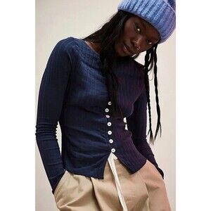 Free People Tilly Long-Sleeve Cardi Blouse Top Knit Ribbed Buttondown M 280623